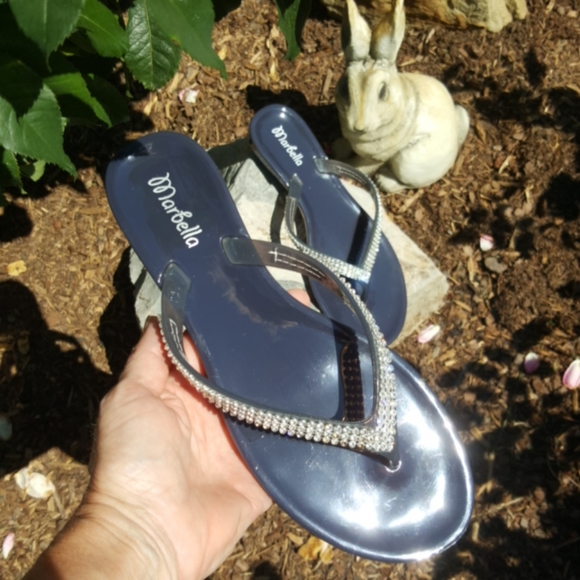 MARBELLA ♡ Gorgeous Navy Embellished Bling of Rhinestone Jelly Thong Sandals 6 - Picture 6 of 16